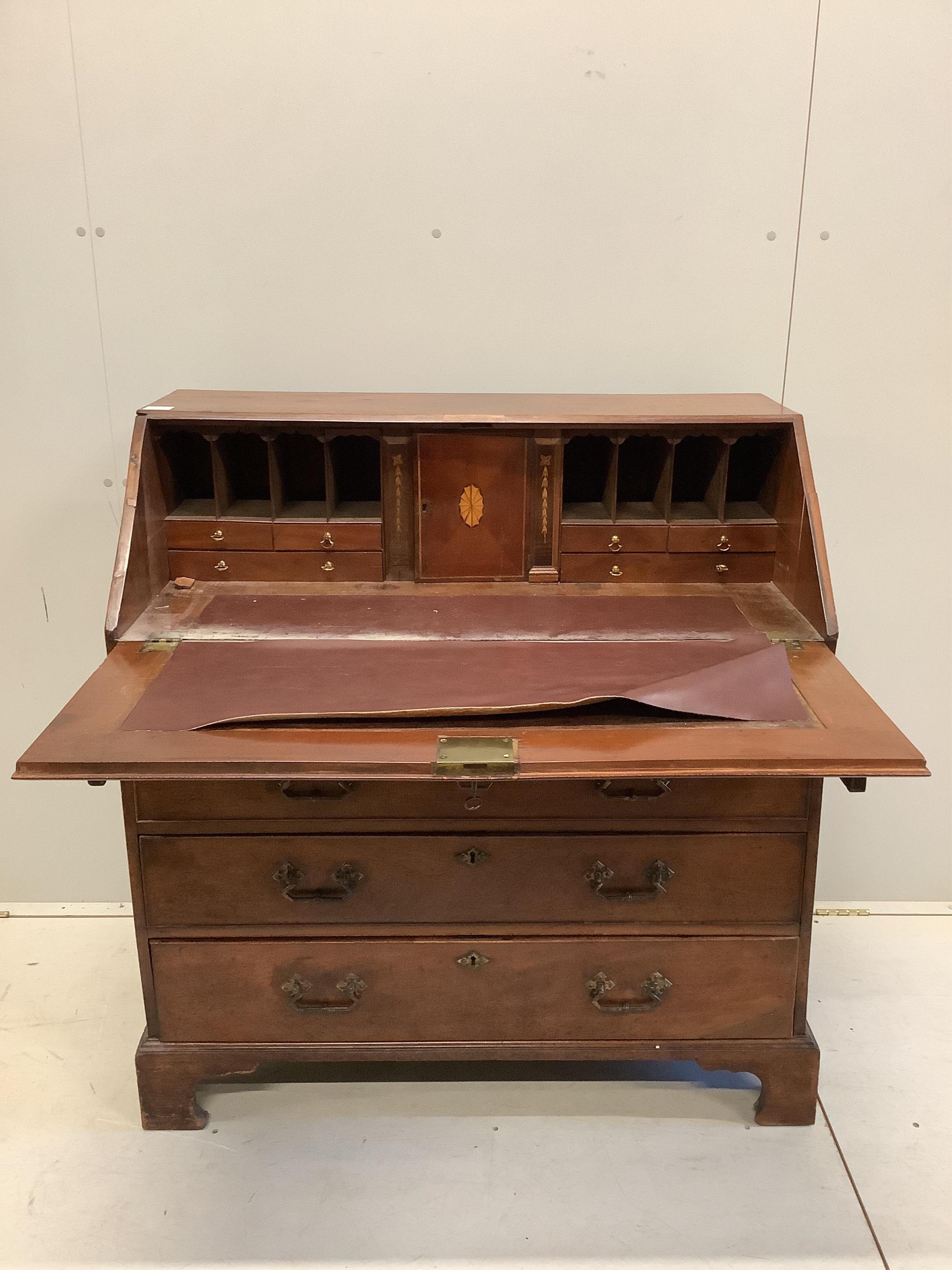 A George III mahogany bureau, width 101cm, depth 55cm, height 108cm. Condition - poor.